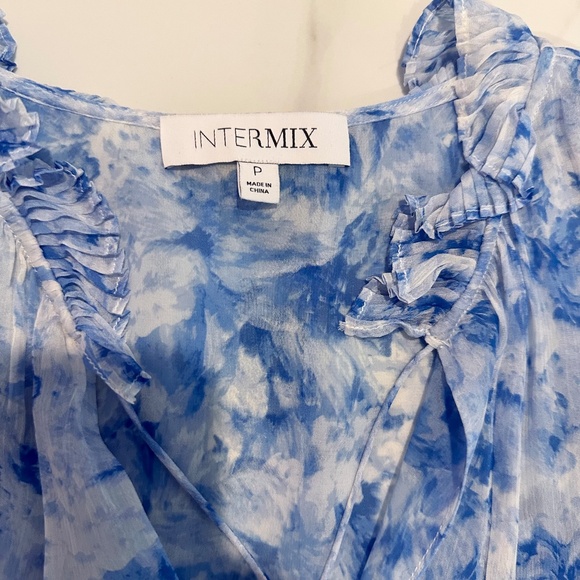 Intermix Blue & White Floral Silk Ruffle Sleeveless Blouse Top with Tie Front S - Picture 6 of 7